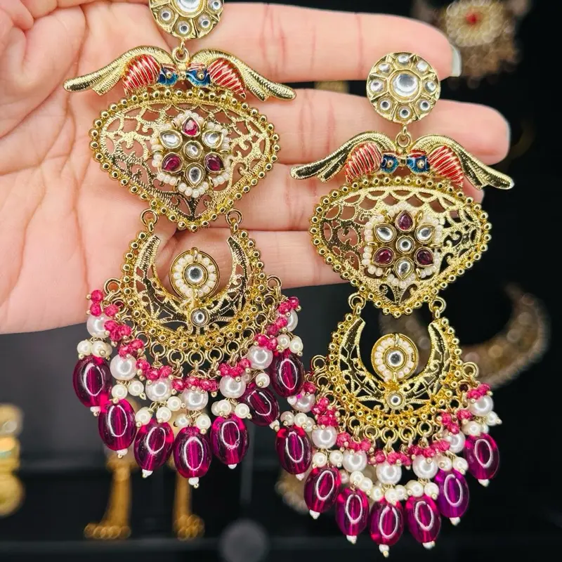 Elegant Gold Tone Chandelier Earrings with Pink & White Beads and Gemstones for Women's Fashion