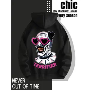Quirky 'TERRIFIER' Clown Printed Hoodie - Unisex Casual Pullover, Adjustable Drawstring, Front Pocket Design, Machine Washable, Street Style Fashion, Comfortable Fabric, Trendy Printed Hoodie, Essential for Street Wear!, Halloween