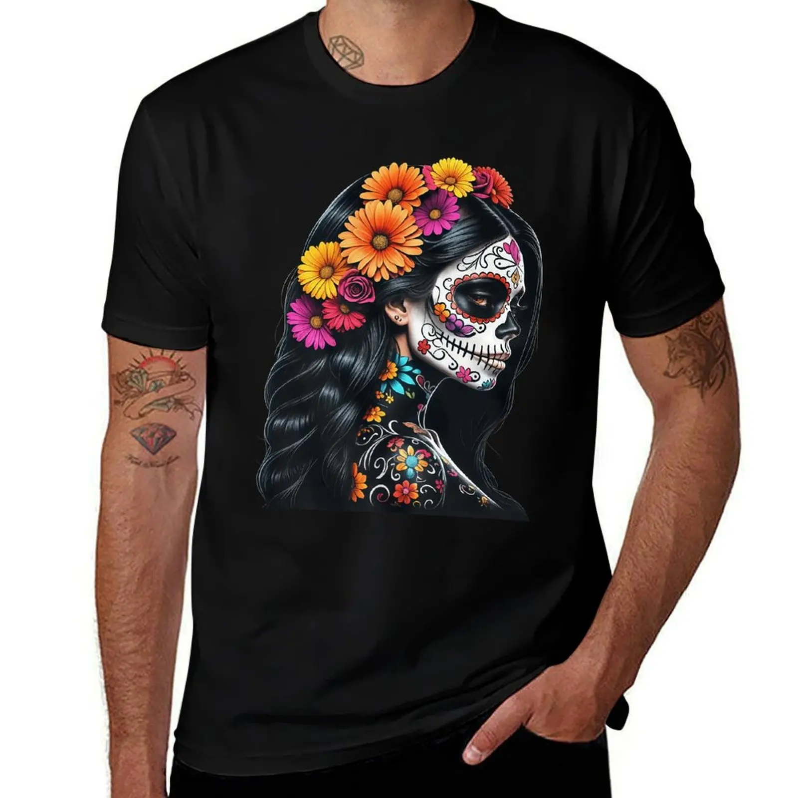Women's Cotton Short-Sleeve Vintage Alternative Style La Catrina Day of the Dead Sugar Skull Graphic Round Neck Casual Streetwear Black Top, Unisex-Friendly Blouse