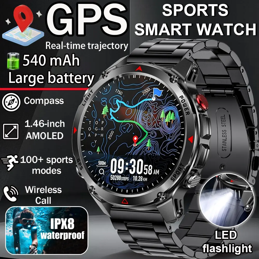 Men's GPS Digital Smart Watch, Full Touchscreen, Wireless Calling, Waterproof, 120+ Sports Modes, Smartwatch For Fitness, Weather Display, Compass, Altitude Sensor