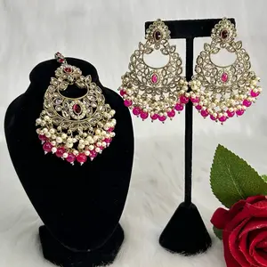 Stylish Gold Tone Polki Earrings And Tikka Set with Beads and Intricate Design for Festive Wear
