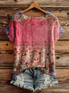 Elegant Loose Fit Round Neck Knit Top, Knitted Floral Print Short Sleeve Women's Shirt, Casual Summer Fall, Comfortable Daily Wear