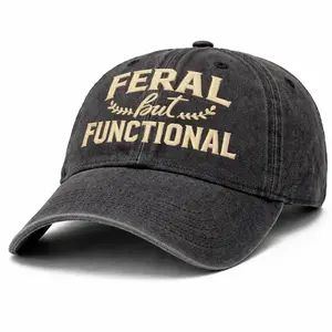 [Made-to-Order] Vintage Washed “Feral But Functional” Cap – Funny Dad Hat, Distressed Black Adjustable Unisex