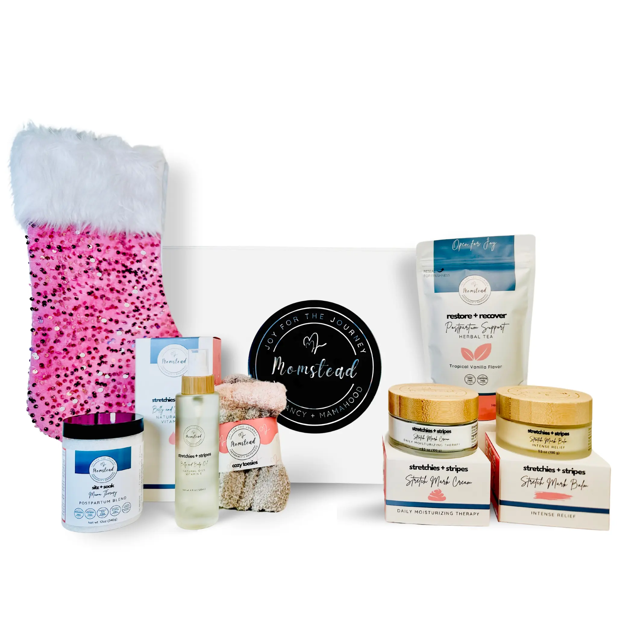 Momstead Stocking in a Box Gift for Mom to Be with Stretch Mark Skincare, Postpartum Support Tea and Sitz Bath Soak to Pamper Mom