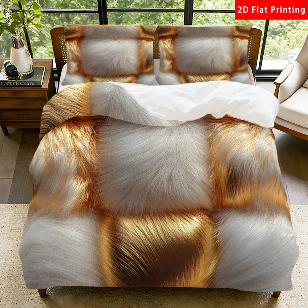 2/3 Pcs 2D Flat Faux Fur and Metallic Gold Checkered Duvet Cover Set Checkered Bedding Set Quilt Cover 1 Duvet Cover + 1/2 Pillowcases Faux Fur and Gold Decorative Bedding Bedroom Decor