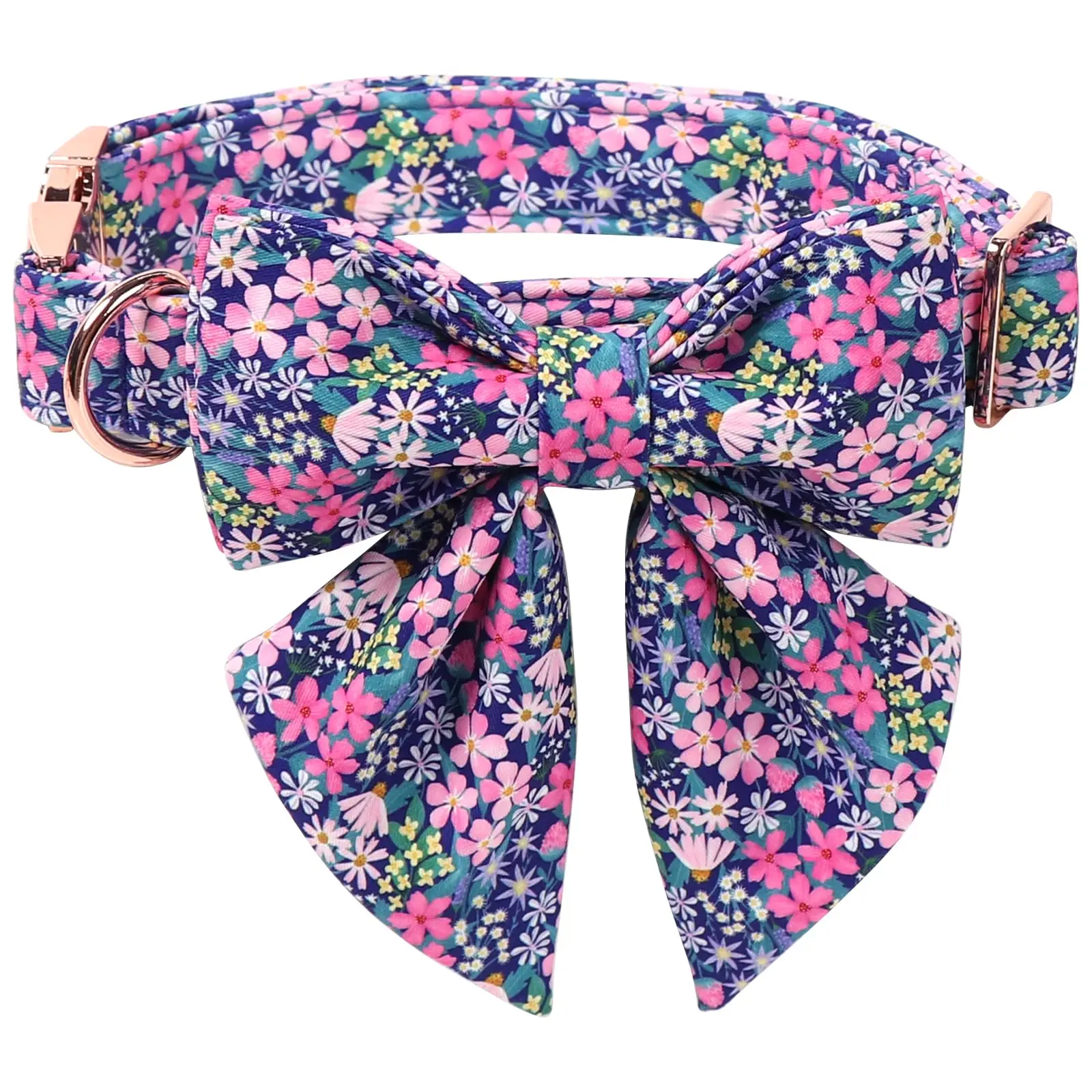 Lionet Paws Floral Dog Collar with Sailor Bow Tie – Spring Wildflowers Daisy Fleabane for Puppies, Size XS (Neck 8-12 Inches)