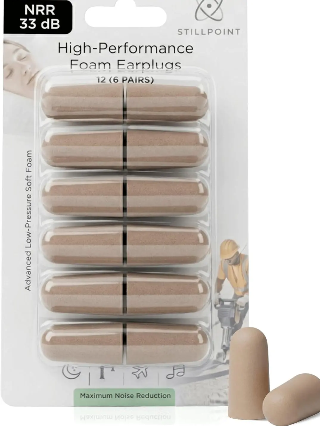 Stillpoint Soft Foam Earplugs, 33 dB NRR, 6 Pair, 12 Ear Plugs Maximum Protection for Sleeping; Silence Snoring, Airplanes, Airports, Power Tools, Phone Conversations, Loud Work Environments (Beige)
