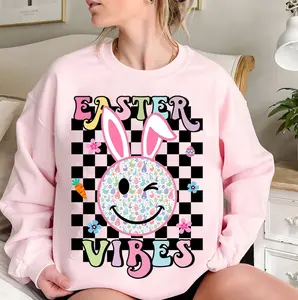 Easter Vibes Smiley Face Sweatshirt, Easter Bunny Shirt, Leopard Smiley Bunny Shirt,  Retro Easter Shirt