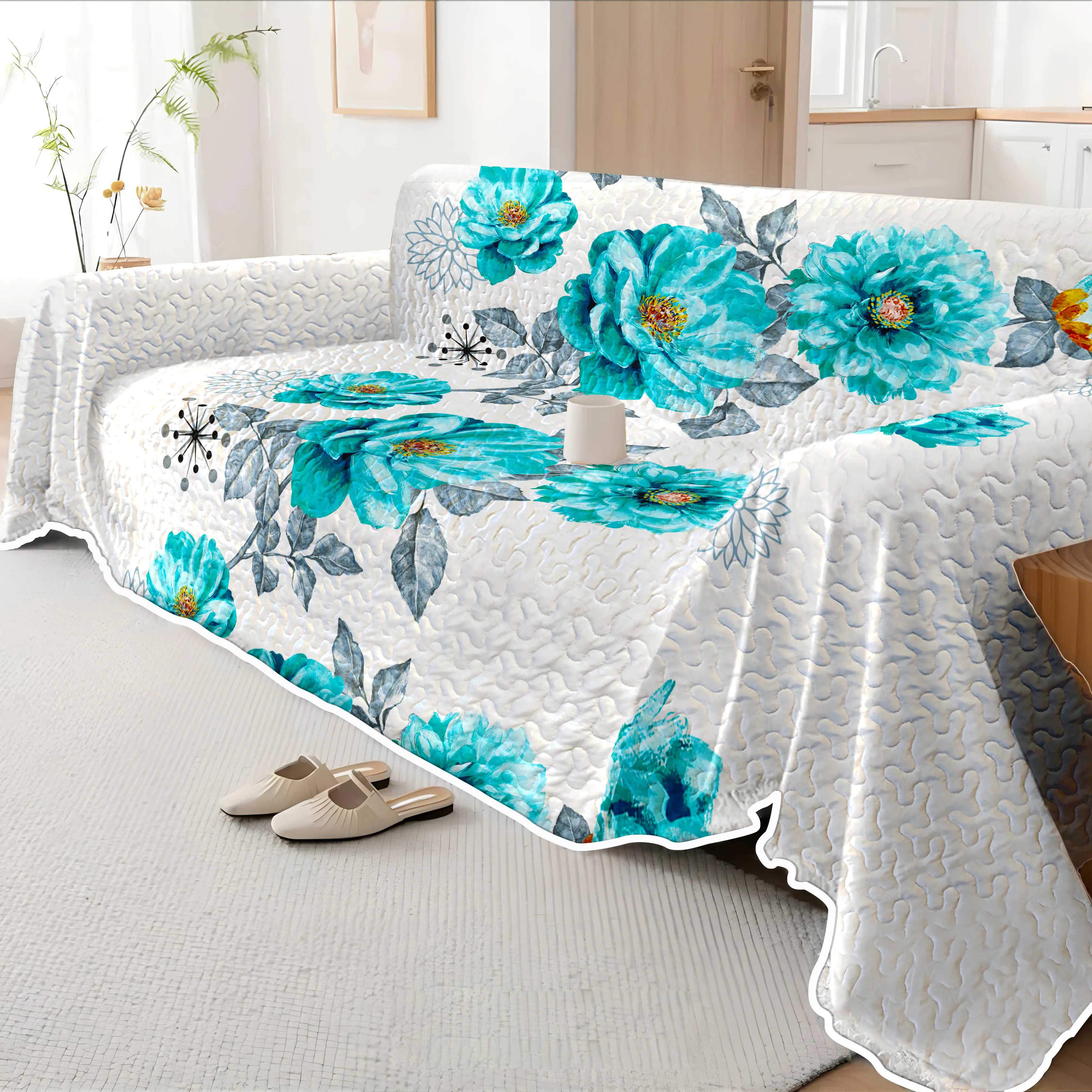 Christmas Gift Dustproof Reversible Sofa Cover Set - Mint Green Floral Print 4 Sizes, Ultra Soft Microfiber Bamboo Blend, Water/Fade Resistant, Fits Loveseat to 4 Seater for Living Room Bedroom