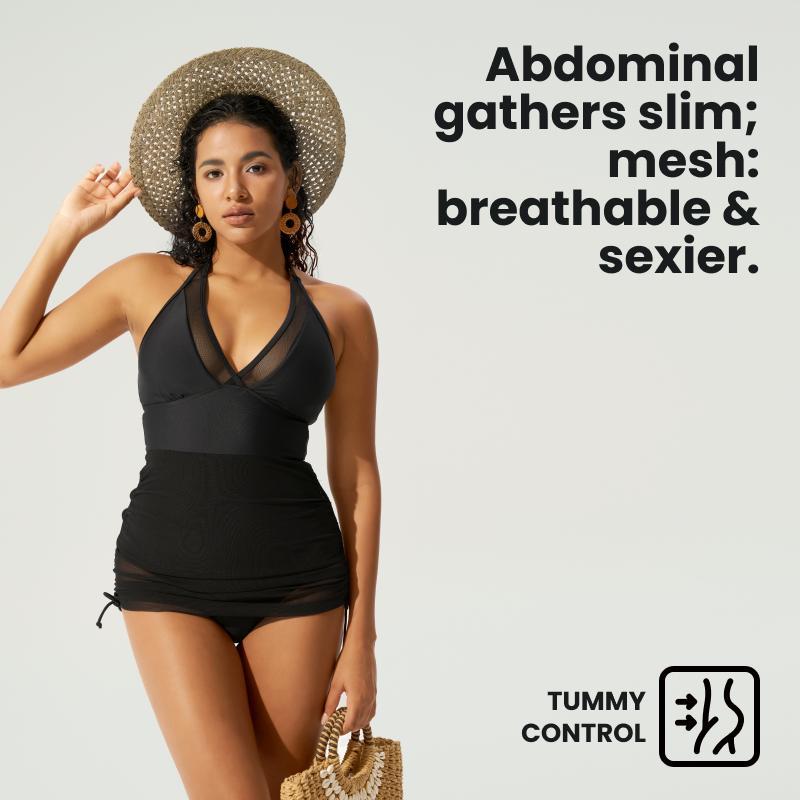 BodyTips Mesh Splicing Ruched One Piece Swimsuit Elegant Slimming Design Fit Swimwear Stylish One Piece Popular Beach Outfit Versatile Swim Set For Pool Vacation Summer Activities Sunbathing Water Sports Casual Swim Look All Day Wear Layered Outfit