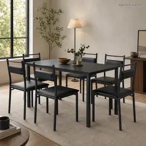 ARCH 7-Piece space saving tableware set: melamine board table+PU cushioned chair, black powder coated iron frame for kitchen/dining room, 300Lb, Seats Six, Furniture For Apartment, Studio Apartment Furniture Modern Bedroom Set Storage