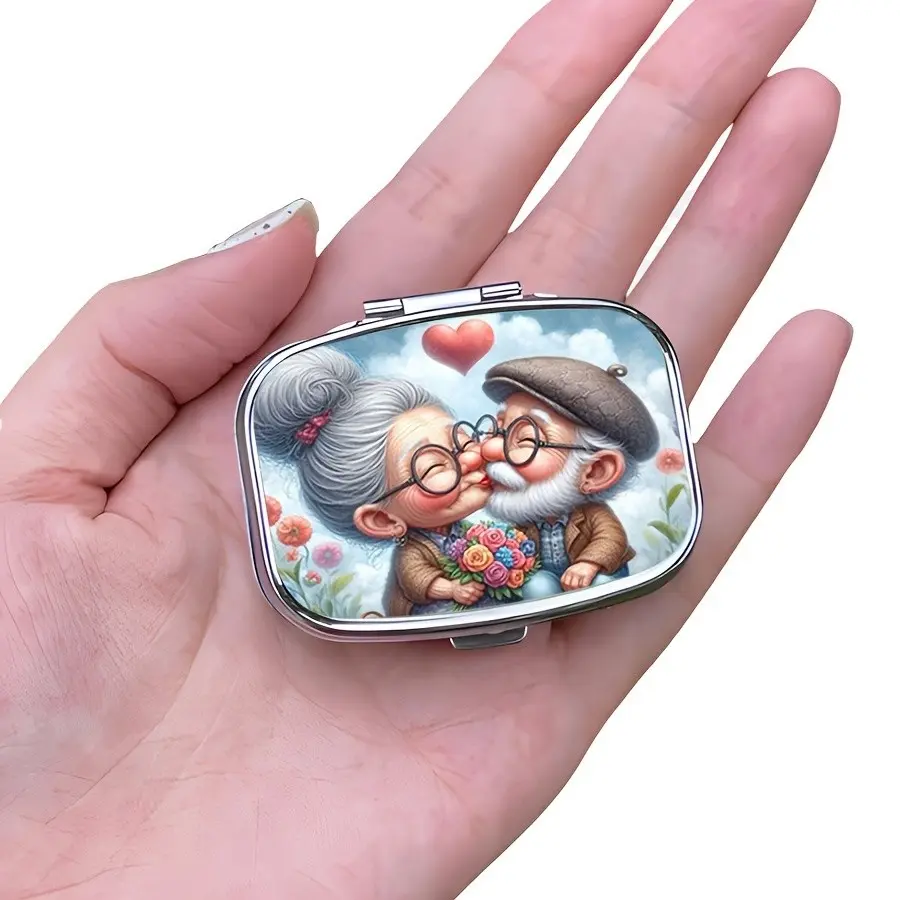 Elderly Couple Kiss Heart Pill Case with Mirror, Kawaii Whimsical Floral Design, Portable Plastic 2 Compartment Pill Box, Travel & Home Organizer, Portable Vitamin Organizer, Flowers
