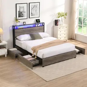 Full Platform Bed Frame with Storage Headboard and Charging Station, Full Storage Bed with LED Lights,Solid and Stable, Noise Free, No Box Spring Needed, Easy Assembly