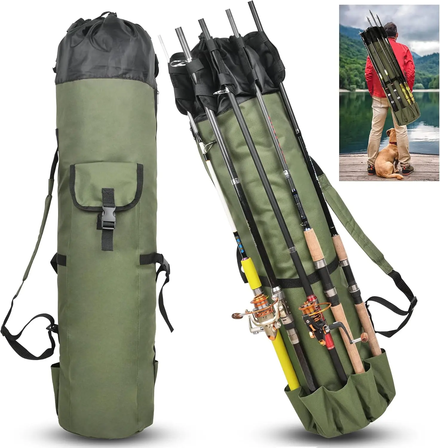 Fishing Rod Bag Large Capacity Waterproof Fishing Pole Case Portable Rod Reel Organizer Travel Carrier for Lake Boat Shore Fishing Gear Gift for Anglers Set Soft Pre-Rigged