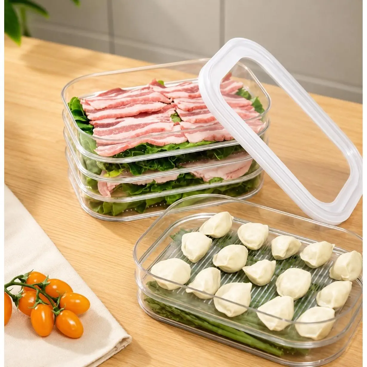 4 Piece 4 Tiers Stackable Food Storage Containers With Lids Plastic Meat Dumpling Pastry Fruit Keeper Dishwasher Space Saving Excellent Freshness Preservation For Refrigerator