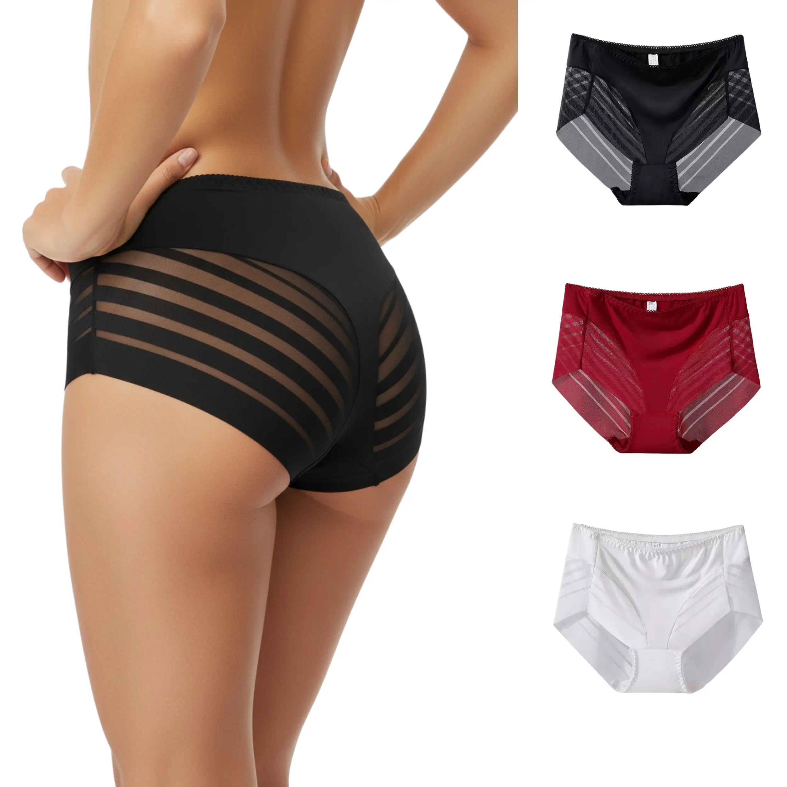 Women's 6-Piece Mid-Waist Semi-Sheer Ice Silk Seamless Panty Set - 2Red+2Black+2White, Foldable, Butt-Lifting, Soft Silky, Sporty Chic, for Fitness & Everyday Wear, 2XL Size Available