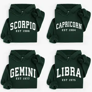 (Leave A Note or DM to Shop) Custom Year, Custom Zodiac Hoodie – Forest Green Color, Est Your Year Astrology Top, Cute Horoscope Energy Gift, Unisex Hoodies, Birthday Zodiac Sign Outfit - HARSIN