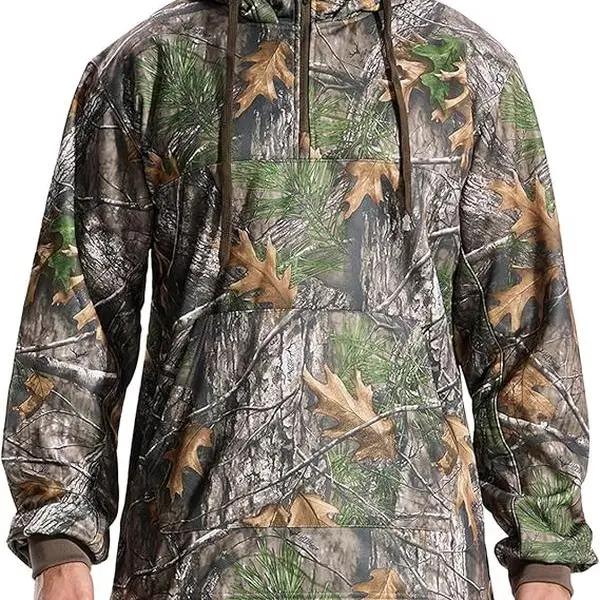 LOOGU Men's Hunting Pullover Hoodie Sweatshirt - Soft Polyester Warm Fleece Core Garment, Long Sleeves with Ribbed Cuffs, Performance Insulation, Drawstring, Kangaroo Pocket, Camo Design, Quick On 3XL Outdoor Sports Top