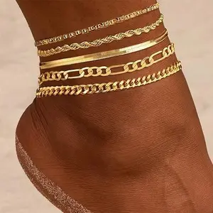 Tewiky Outdoorfun Gold Ankle for Women Waterproof - Dainty 5-6Pcs Cuban Link Chain Herringbone Cute Anklets Set Pack Summer Beach Jewelry Gift for Women
