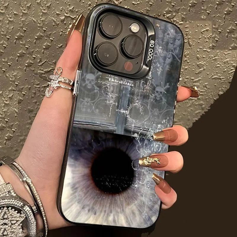 Dark retro art printed phone case with cracked texture,eyeball and hidden skull pattern. Ultra‑thin silver protective case for iPhone 17 Pro Max/16 Pro Max/15 Plus/14/13/12/11. Also suitable for Galaxy S26 Ultra/S25 Plus/S24/S23/S21;