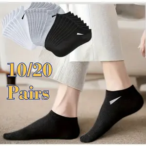 Men's 10-Pair Round-Neck Ankle Socks Set, Plain Mixed-Color, Elastic Ribbed Cuffs, Breathable Seamless Durable Material, Classic Black White Gray for Casual Wear