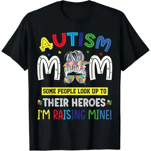 Autism Mom Raising Hero Messy Bun Autism Awareness Retro Summer Casual Shortsleeve Cotton T-Shirt Streetwear Tshirt
