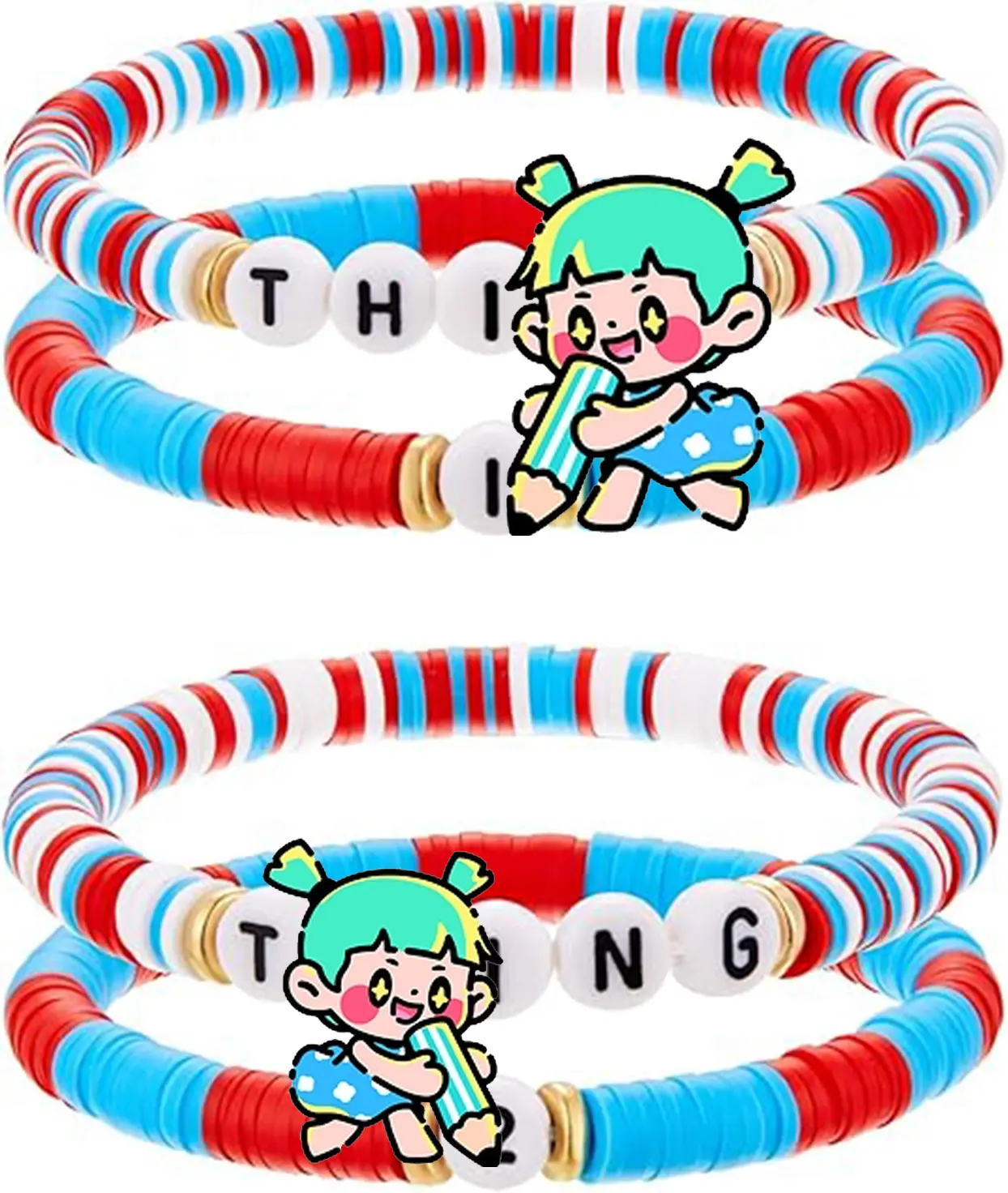 4 Pack Bracelets Set, Red Blue White Beaded Friendship Bracelet for Sisters Couples Friends, Things Matching Stretch Bracelets Gift for Birthday Costume