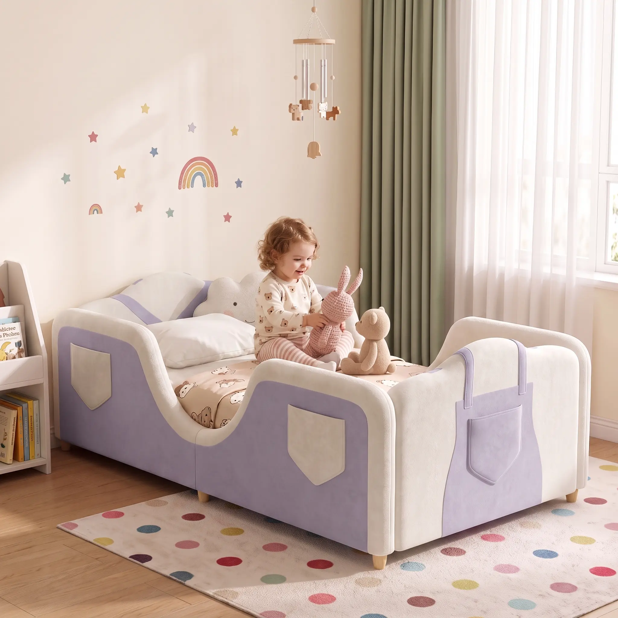 Lilypelle Overall-Inspired Toddler Bed with 6 Storage Pockets, Soft Upholstered Kids Bed Frame, Low Floor Bed for Boys & Girls, Fits Crib Mattress, Wood Slat Support