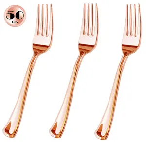 JL Prime 50 Piece Rose Gold Plastic Forks Bulk Set, Rose Gold Plastic Cutlery Set, Heavy Duty Utensils for Party & Wedding, Disposable Rose Gold Flatware, Rose Gold Plastic Forks 50 Pack Reusable Sturdy