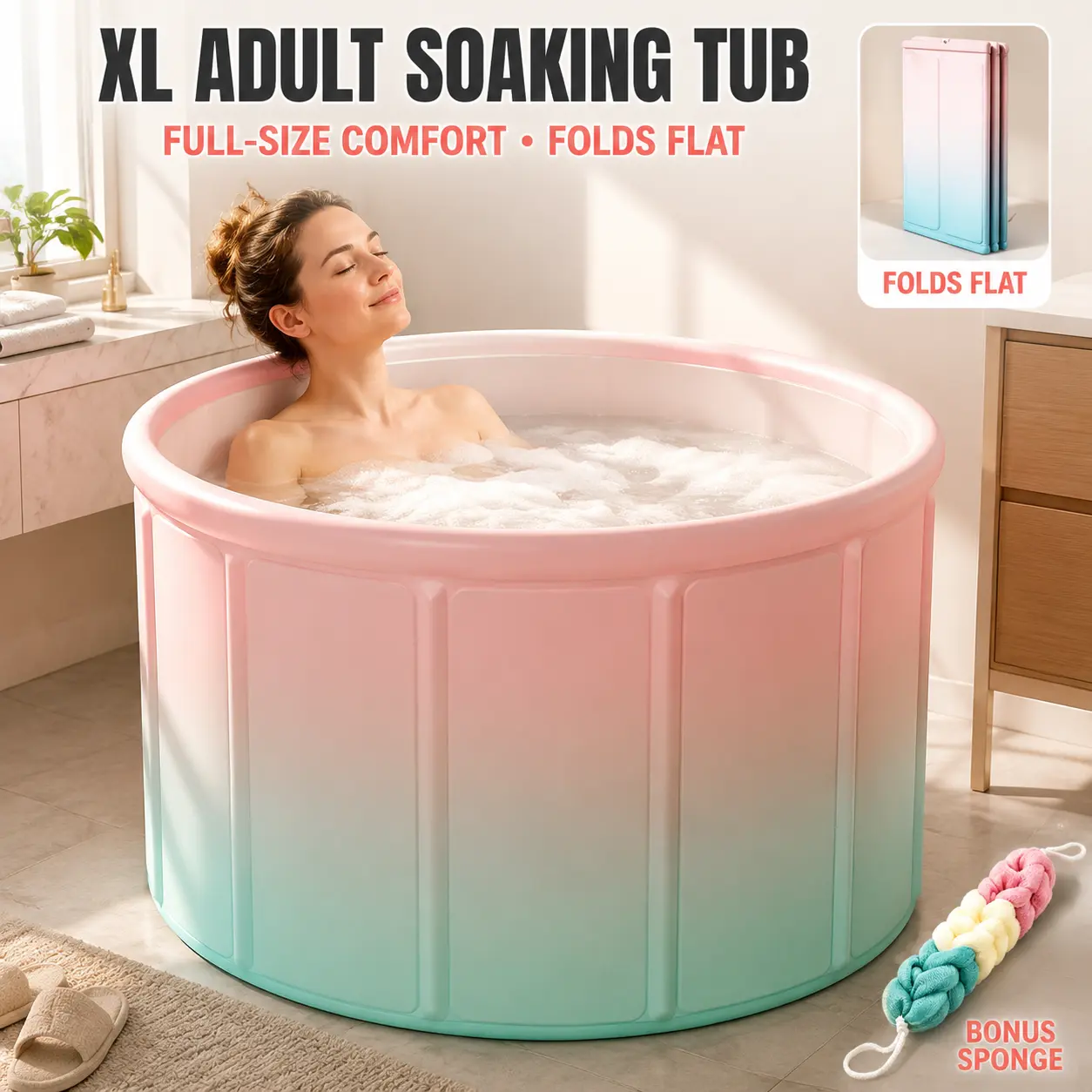 Adult Extra-Large Widened Waterproof Foldable Flat Pack Bathtub - Stable Support, Pink Gradient, Space-Saving Portable Soaking Tub for Apartment, Balcony Use
