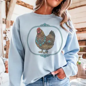 Vintage Western Sweatshirt Retro BOHO Turquoise Chicken Pullover Country Rooster Farm Sweater Casual Womenswear Crewneck Cowboy Shirt Cowgirl Sweatshirt