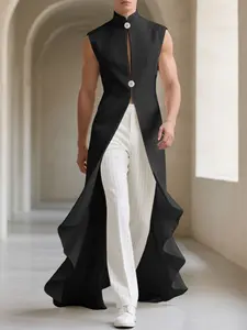 INCERUN Men's Fashion Casual Sleeveless Vest, Deconstructed Solid Long Gilet Vest, Perfect for Daily Wear, Stylish and Comfortable, Ideal for Everyday