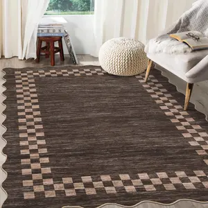 GARVEE 8x10 Area Rug for Living Room Scalloped Washable Large Bedroom Rug Non Slip Stain Resistant Modern Border Dining Room Throw Carpet Scalloped Boho Rug for Home Decor Office Nursery, Brown