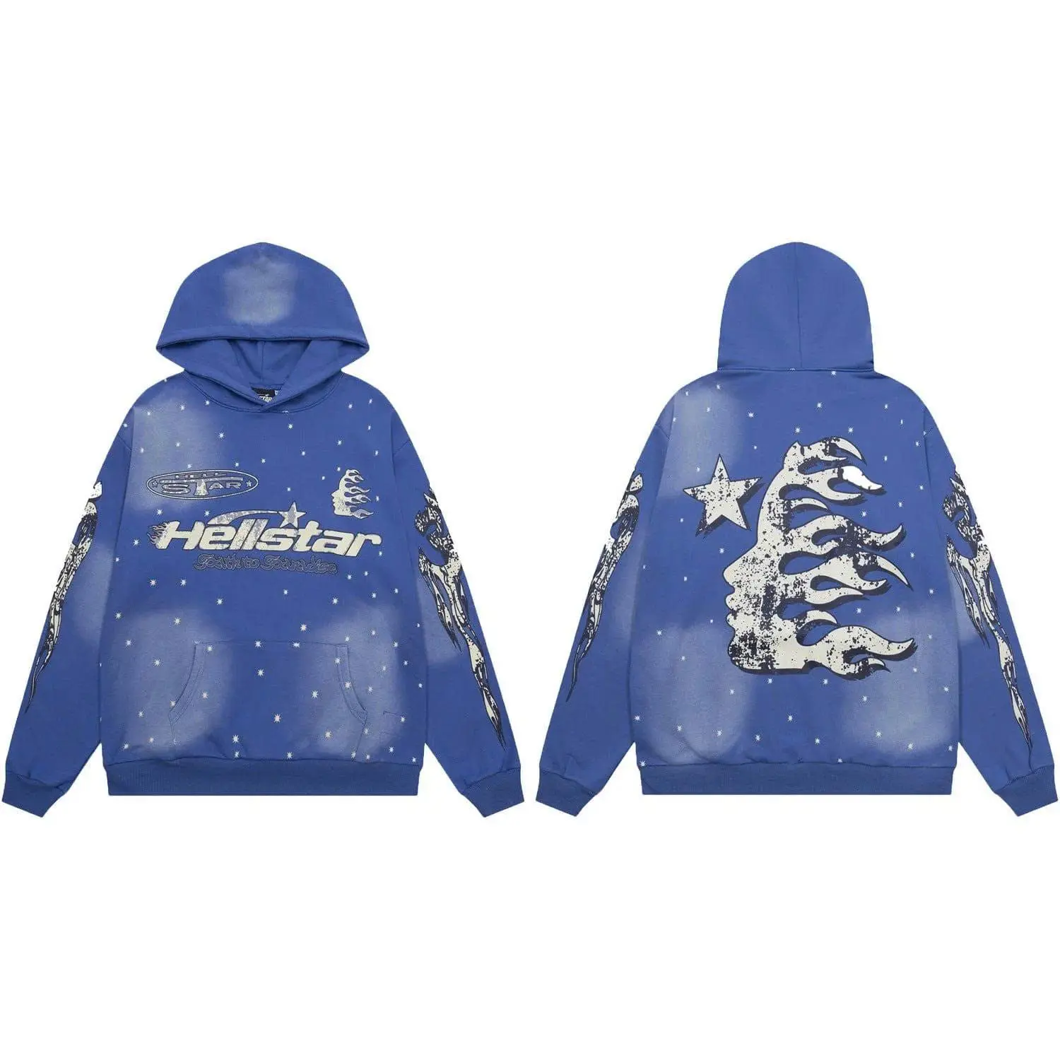 Hellstar Blue Acid Wash Flame Star Graphic Hoodie | Vintage Oversized Y2K Pullover Sweatshirt | Unisex Streetwear