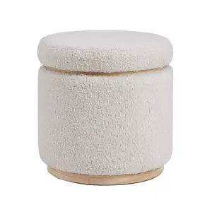 18" Blanche Transitional Round Wood and Boucle Upholstered Storage Ottoman