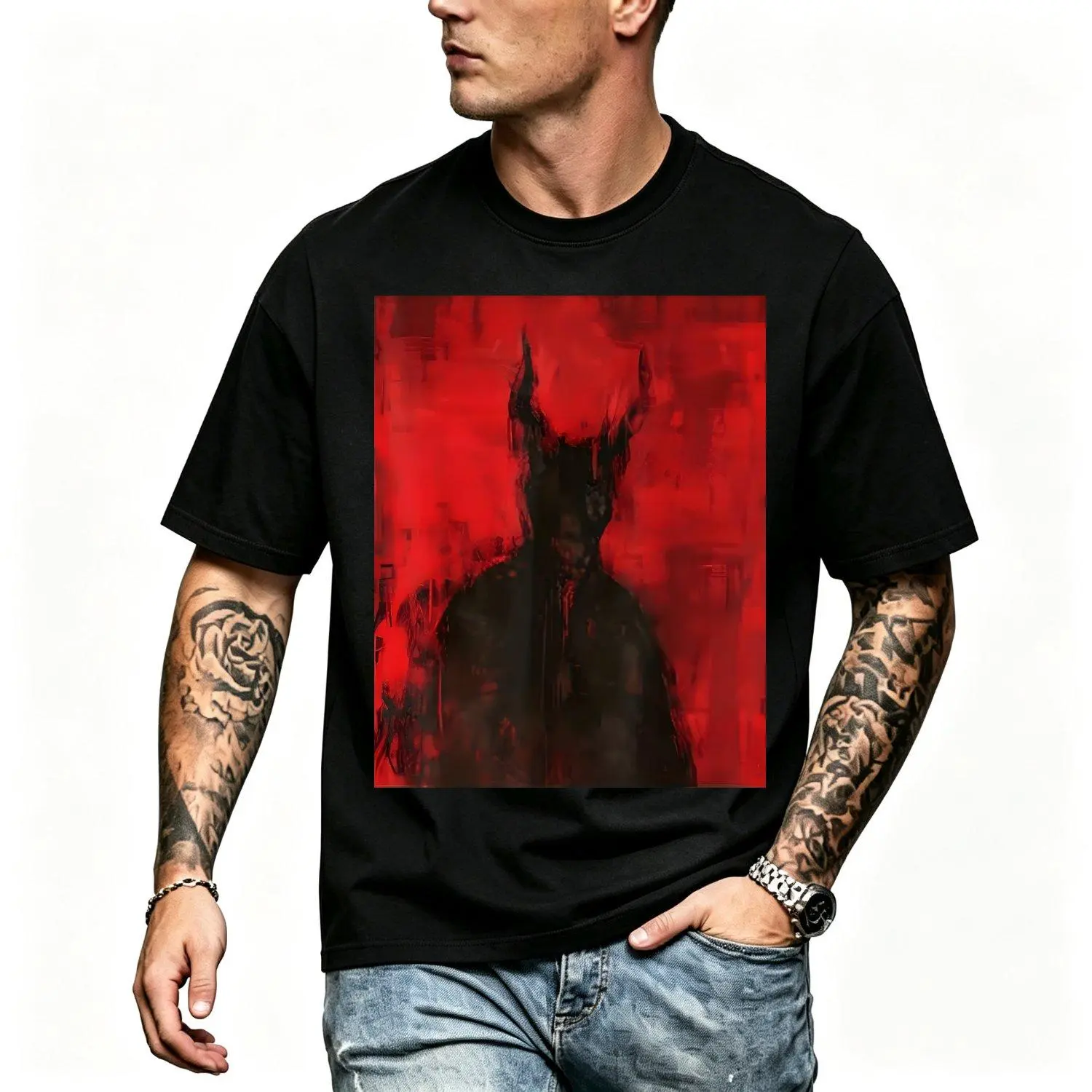 Gothic Horror Art Red Demon Satan Baphomet Design Dark Hell Occult Theme Casual Crewneck Men Short sleeve T shirts For Spring Summer Fall Gothic Style
