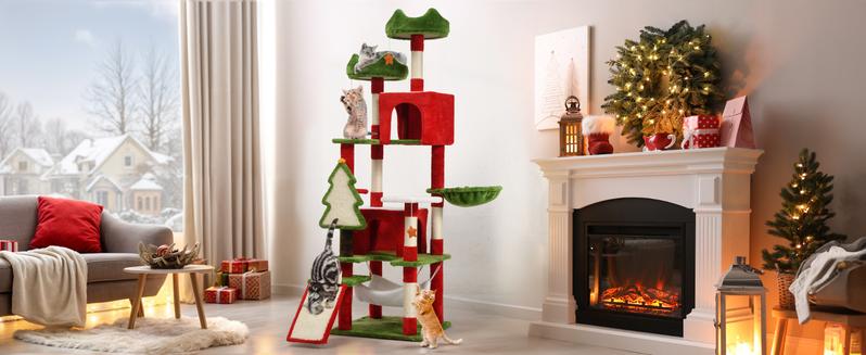 Yitahome Red Green Cat Tree with Cat Teaser Toy, Cat Tower for Indoor Cats with Cat House, Tree Design with Plush Ball for Cats