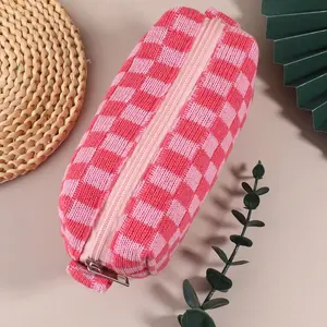 Modern Student Stationery Bag, Grid Pattern Art Supplies Pencil Case, Concave Convex Color Knitted Wool Makeup Bag, Checkerboard Pen Case, Cosmetics Storage