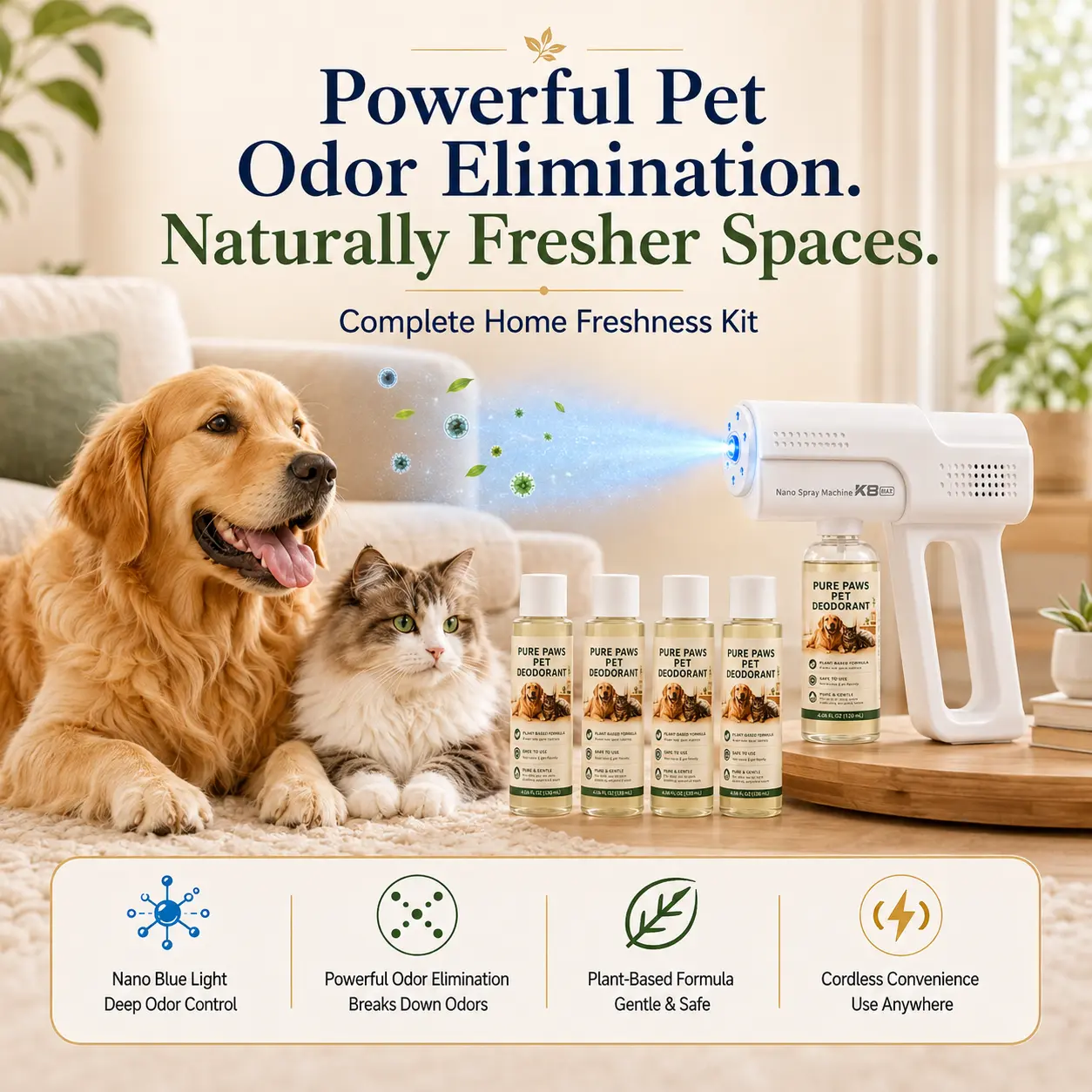 Pet Bio-Enzyme Stain & Odor Eliminator Spray, Blue Light Probiotic Floral Formula, Plant-Based Powerful Deodorizing Cleaner, Pet-Safe Non-Toxic Solution for Indoor Urine, Odor & Stain Removal