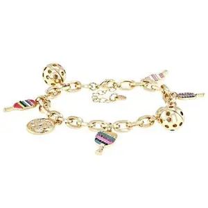JTV Multi-Color Enamel & Crystal Gold Tone Pickleball Charm Bracelet
