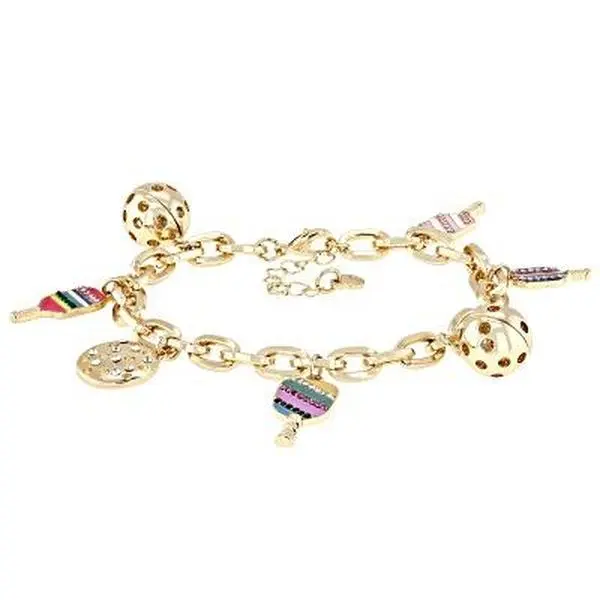 Jtv Off Park Collection Pickleball Charm Bracelet, Casual Gold Tone Jewelry with Collectible Multi-Color Enamel & Crystal Charms, Charm Bracelets