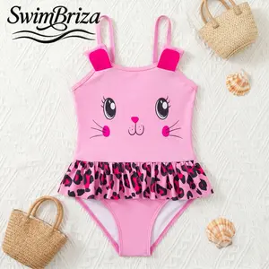 Briza｜Girls One Piece Swimsuit Ruffle Skirt Pink Bunny Face Leopard Print Cute Bathing Suit for Beach Vacation Pool Summer Swimwear, Girls Swimwear, Kids Bathing Suit, Skirted Swimsuit, Ruffle Style, Beach Pool Summer Vacation, Swimming Water Play