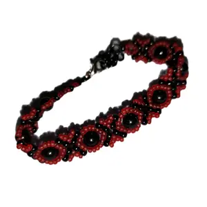 Black Tourmaline Bracelet with Red and Black Seedbeads