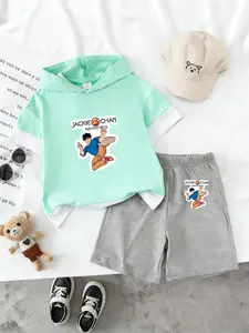 Boys Hooded Short Sleeve Top + Loose Comfortable Casual Pants, Jackie Chan Adventures Print, Summer Breathable Outfits, 2-7 Years