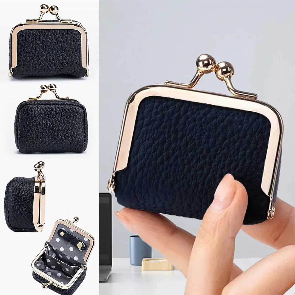 Leather Mini Coin Purse with Kiss Lock,  Leather Mini Kiss Lock Coin Purse & Jewelry Organizer 2 in 1, Solid Color Vintage Small Storage Pouch, Portable Travel Ring Earring Necklace Case Casual Mini Wallet for Women Royal Bagger Genuine Leather Mini Kiss