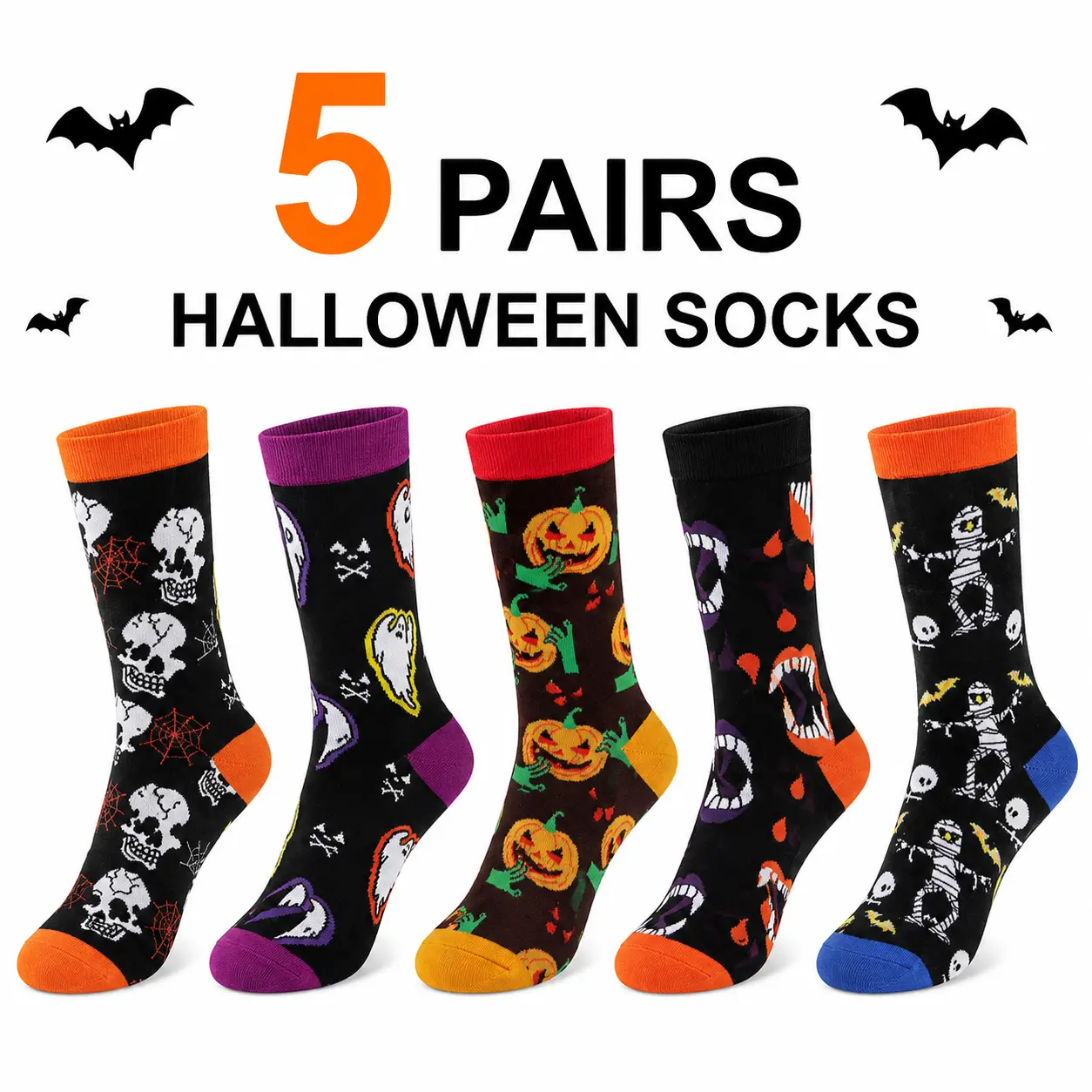 5 Pairs Halloween Crew Socks for Women and Men, Funny Pumpkin Ghost Skull Vampire Mummy Mid-Calf Socks, Novelty Spooky Socks for Halloween Party, Costume Accessories, Fall Holiday Gift