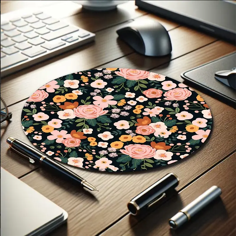 Floral Pattern Mouse Pad, Mandala Small Round Mouse Pad, Botanical Gaming Mouse Pad, Non-Slip Rubber Base, Office & Home Decor