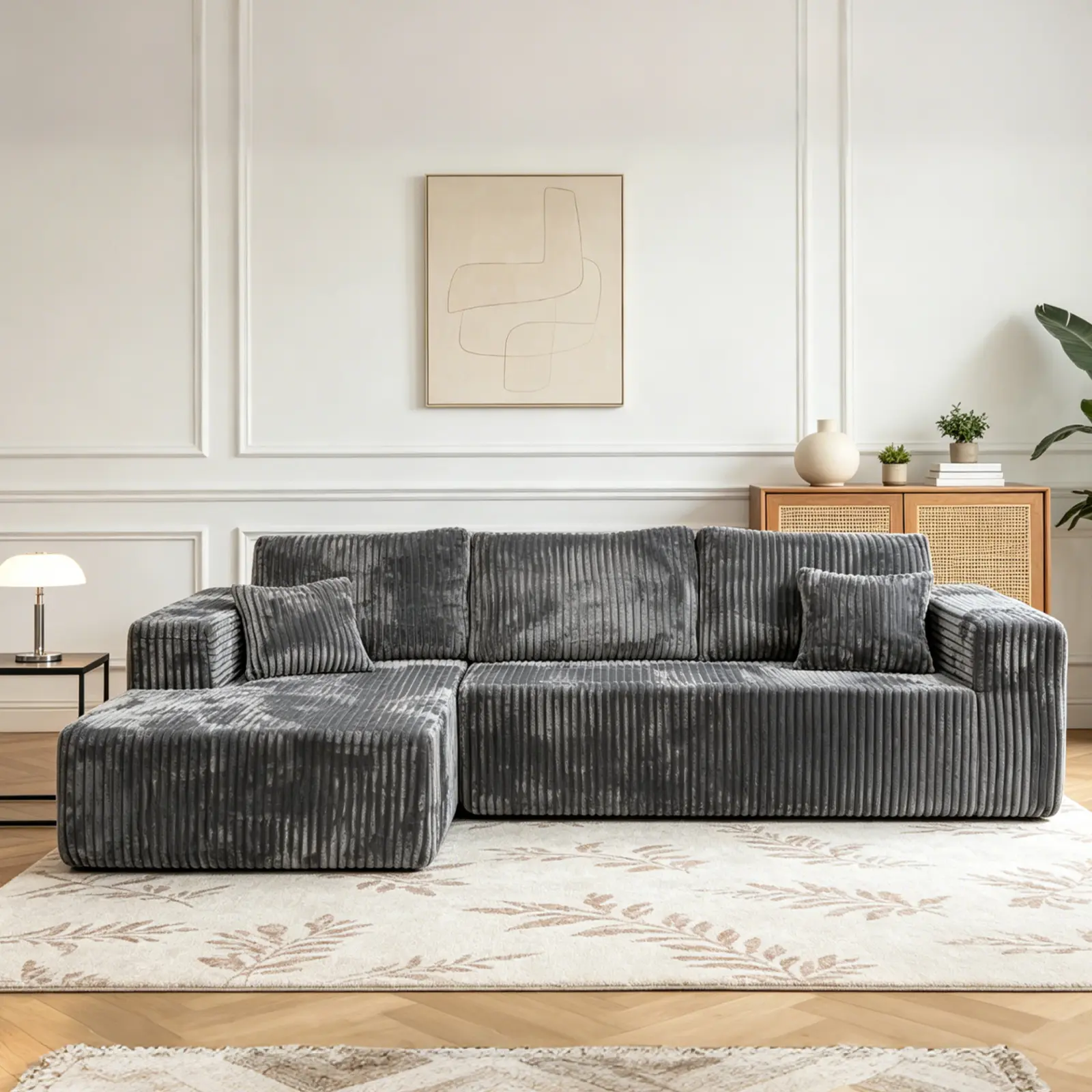 Syferlory 96in Soft Flannel Velvet Sturdy Classic Durable Modular Sectional Sofa - 3-Seater with Chaise and Ottoman, Deep Seat, Fixed Arms, Boneless, No-Assembly, Flexible L-U-Shaped Layout for Family Living Rooms, Apartments