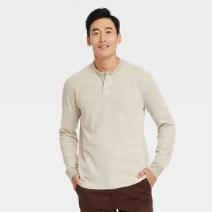 Men's Long Sleeve Textured Henley T-Shirt - Khaki M - Goodfellow & Co™