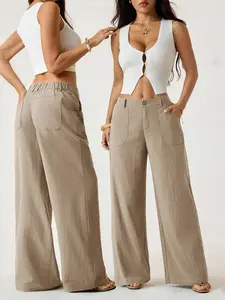 Women's Classical Linen Palazzo Pants Summer Flowy Wide Straight Leg Beach Trousers With Pocket Casual Solid Color Soft Elastic High Waist Lounge Pants Travel Vacation Bottoms Date Brunch Home Work Streetwear Outfit